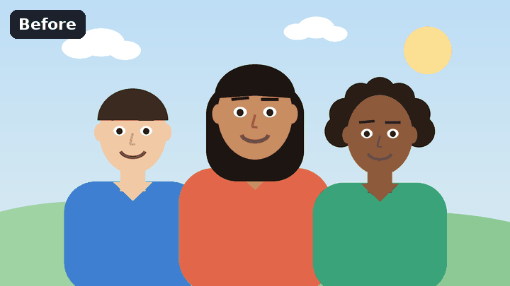Before and after: three faces in a group picture hidden with blur, then pixelate, then heart and star emoji, then black