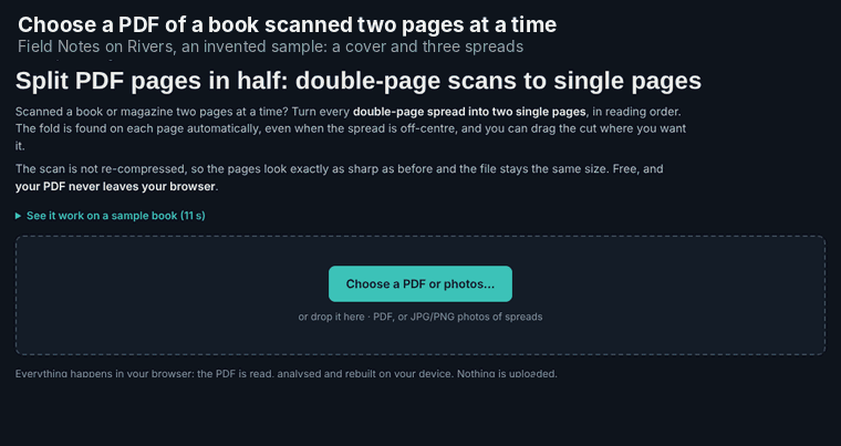 Demo: a sample book scanned two pages at a time is opened, the fold is found on every spread, one cut is dragged, and 4 pages become 7 single pages.